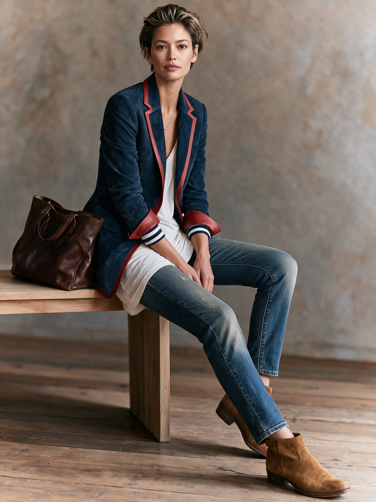 Kadın Vintage Tarzı Kırmızı Deri Detaylı Suni Süet Blazer Ceket