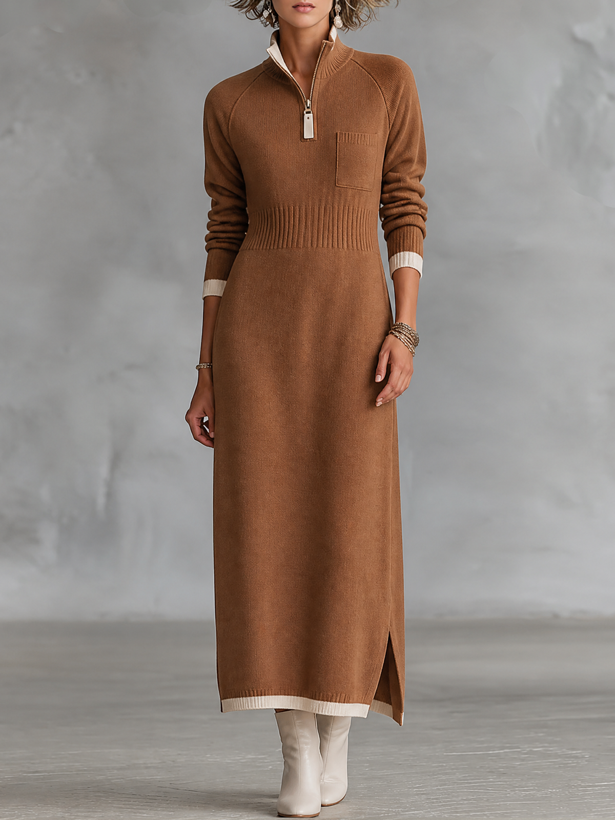 Kadın Retro Renk Bloklu Biye Detaylı Fermuarlı Dik Yaka Raglan Kollu Maxi Elbise