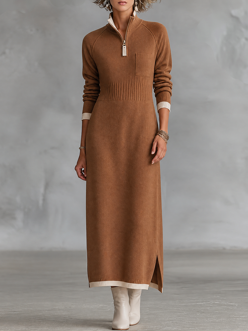 Kadın Retro Renk Bloklu Biye Detaylı Fermuarlı Dik Yaka Raglan Kollu Maxi Elbise