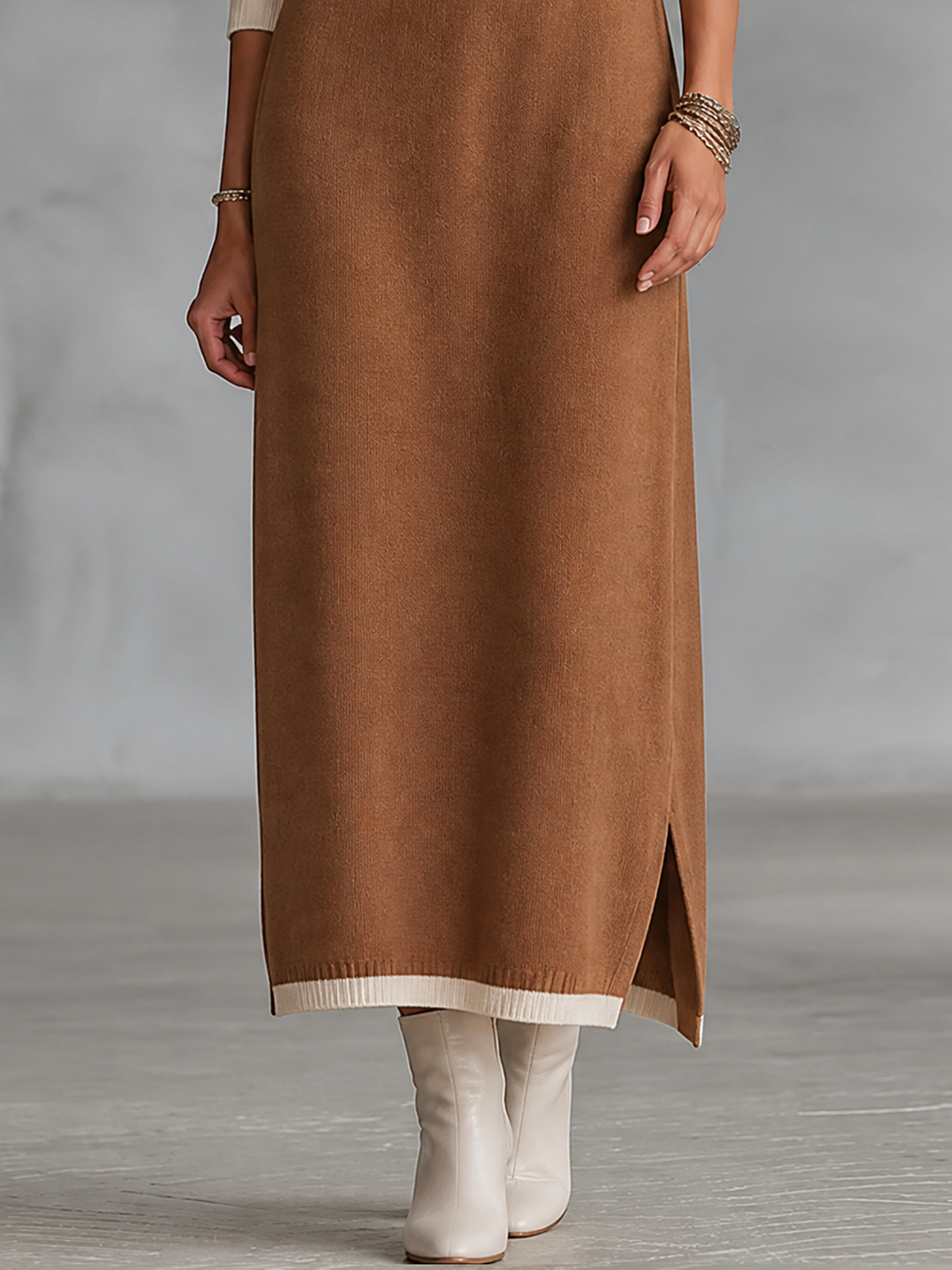 Kadın Retro Renk Bloklu Biye Detaylı Fermuarlı Dik Yaka Raglan Kollu Maxi Elbise
