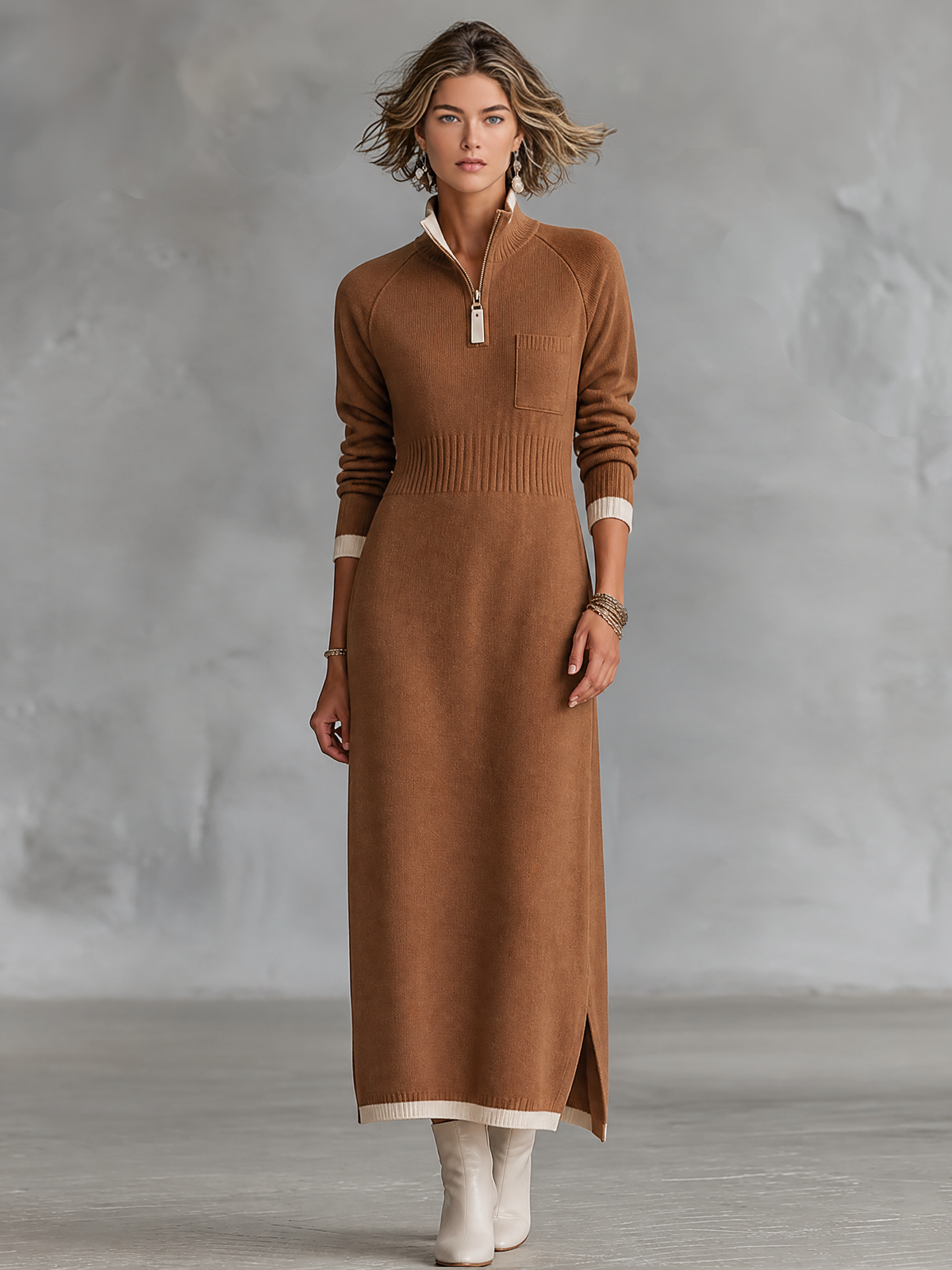 Kadın Retro Renk Bloklu Biye Detaylı Fermuarlı Dik Yaka Raglan Kollu Maxi Elbise