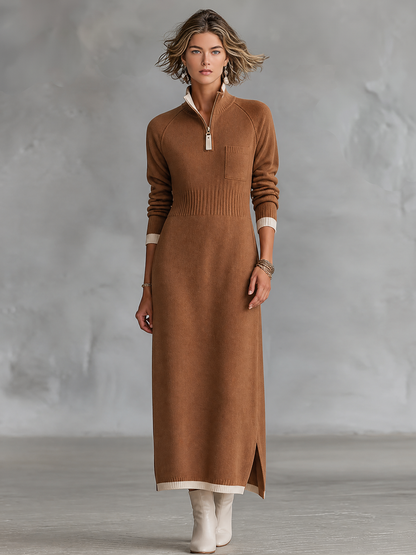 Kadın Retro Renk Bloklu Biye Detaylı Fermuarlı Dik Yaka Raglan Kollu Maxi Elbise