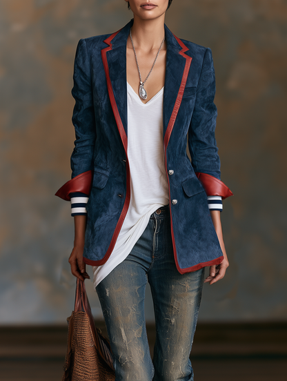 Kadın Vintage Tarzı Kırmızı Deri Detaylı Suni Süet Blazer Ceket