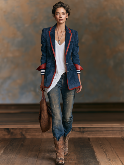 Kadın Vintage Tarzı Kırmızı Deri Detaylı Suni Süet Blazer Ceket