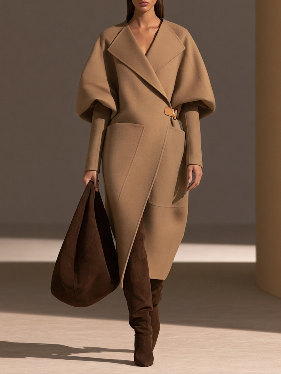 Kadın Oversize Yakalı Kemerli Uzun Yün Kaban