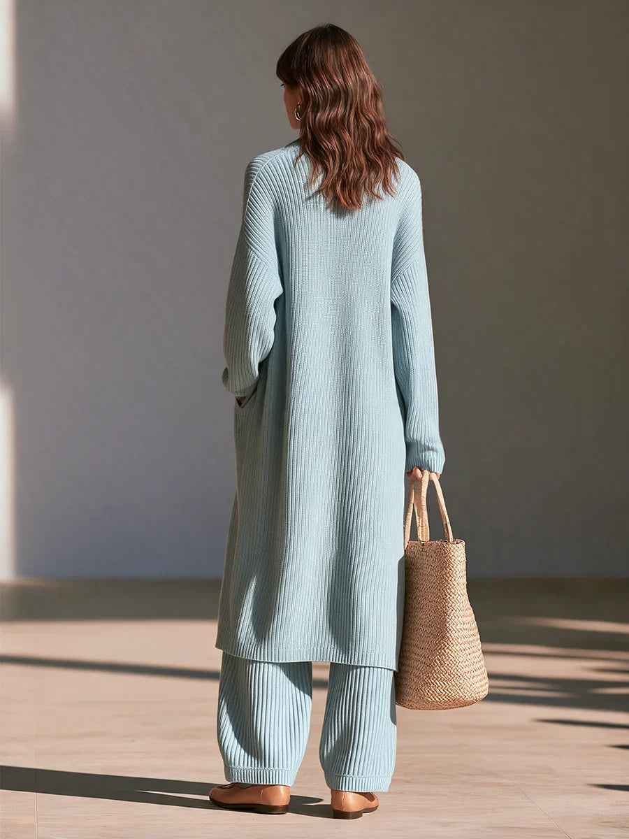 Kadın Oversize Düşük Omuzlu Dikey Fitilli Uzun Örme Hırka