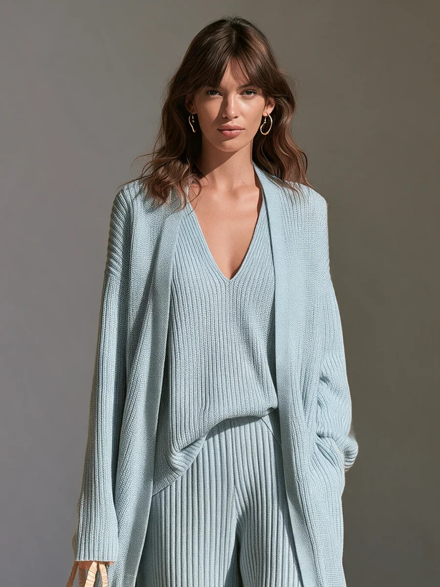 Kadın Oversize Düşük Omuzlu Dikey Fitilli Uzun Örme Hırka