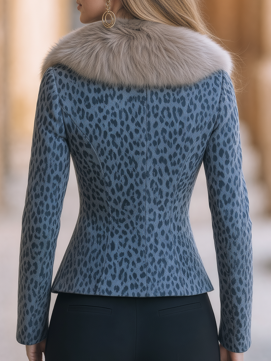 Suni Kürk Yakalı Mavi-Gri Leopar Desenli Ceket — 4. görsel