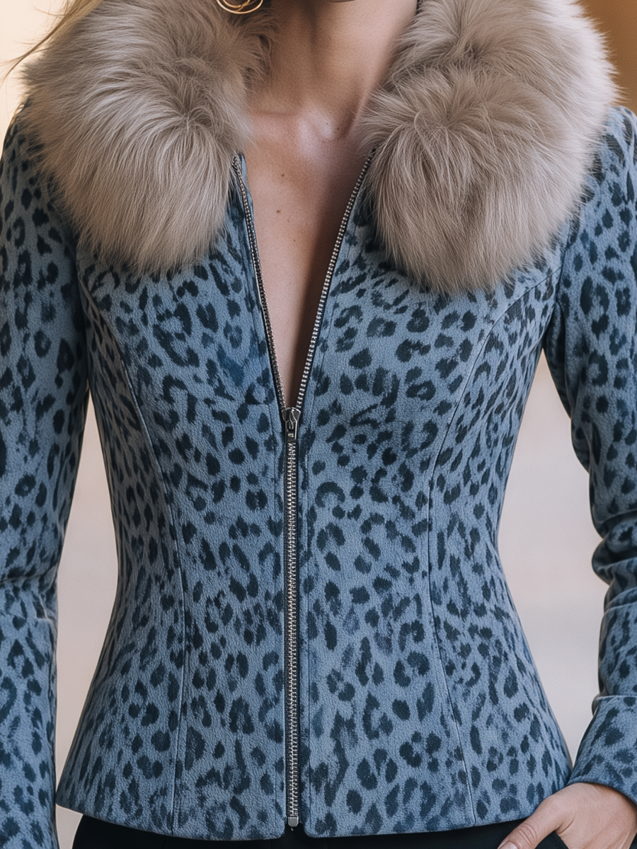 Suni Kürk Yakalı Mavi-Gri Leopar Desenli Ceket — 2. görsel