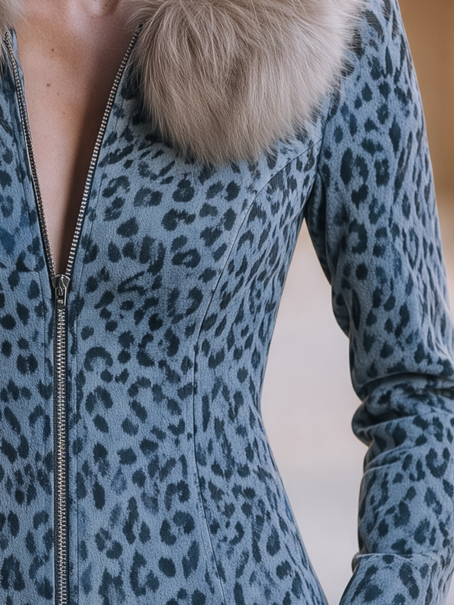 Suni Kürk Yakalı Mavi-Gri Leopar Desenli Ceket — 3. görsel