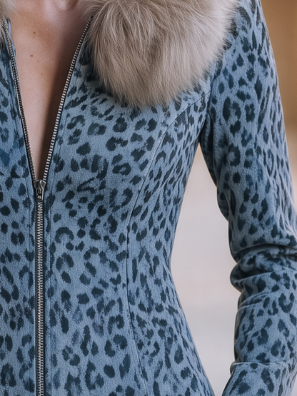 Suni Kürk Yakalı Mavi-Gri Leopar Desenli Ceket — 3. görsel