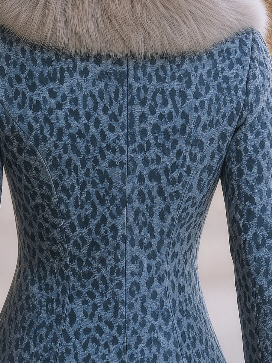 Suni Kürk Yakalı Mavi-Gri Leopar Desenli Ceket — 5. görsel