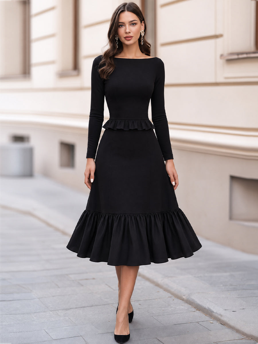 Kayık Yaka Peplum Detaylı Midi Elbise — 2. görsel