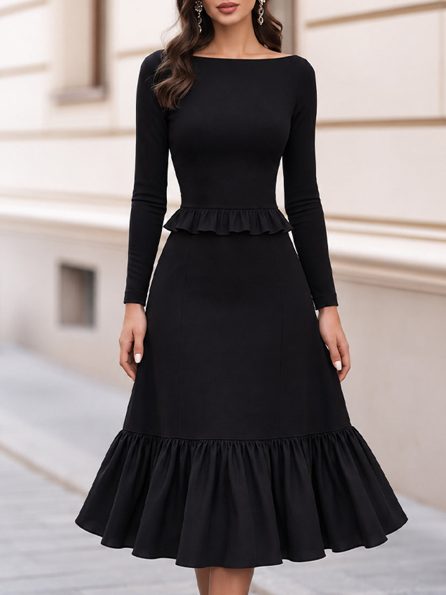 Kayık Yaka Peplum Detaylı Midi Elbise — 1. görsel