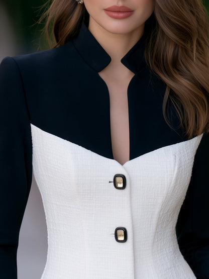 Dik Yaka Kontrast Panelli Blazer Ceket — 5. görsel