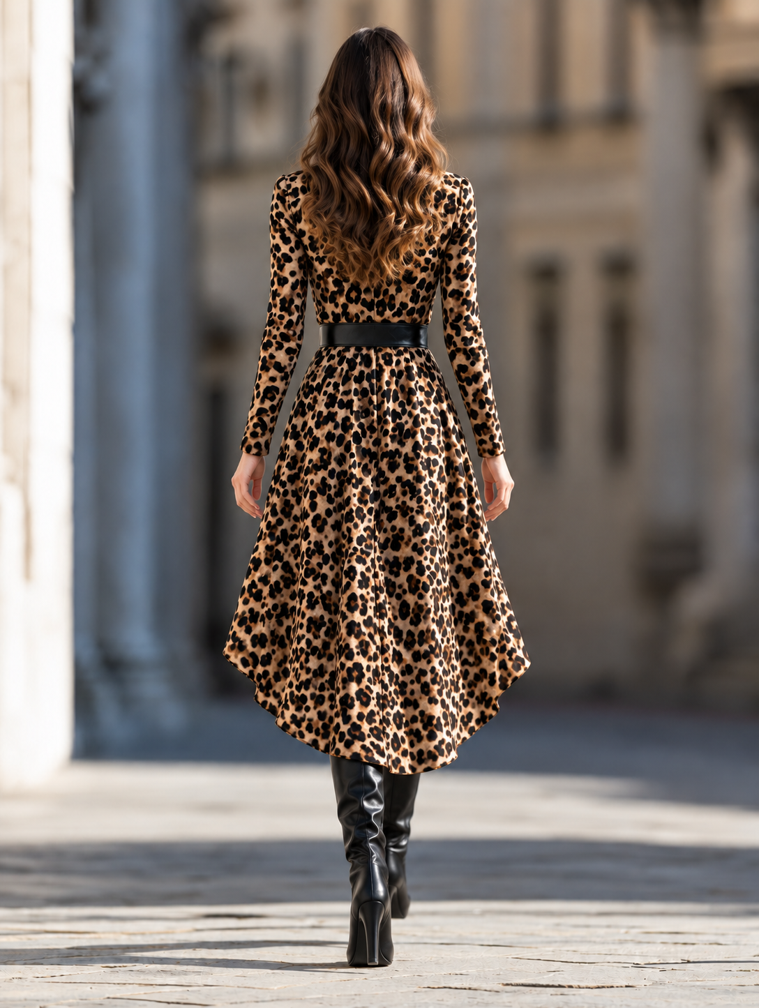 Leopar Desenli Kemerli Asimetrik Elbise — 5. görsel