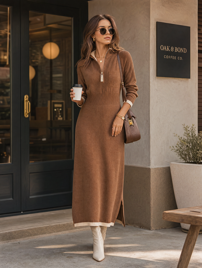 Kadın Retro Renk Bloklu Biye Detaylı Fermuarlı Dik Yaka Raglan Kollu Maxi Elbise