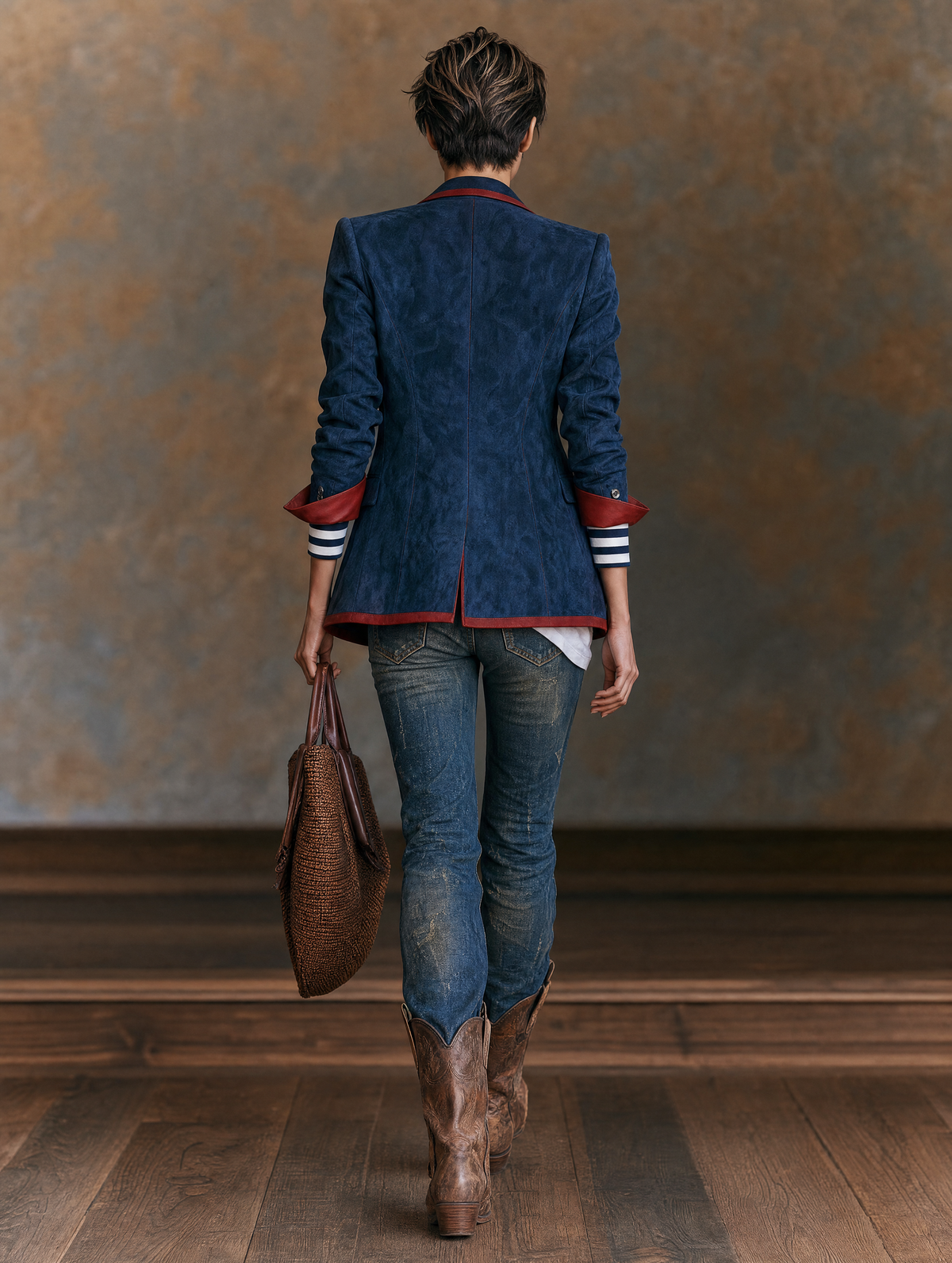 Kadın Vintage Tarzı Kırmızı Deri Detaylı Suni Süet Blazer Ceket