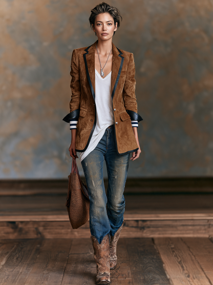 Kadın Vintage Tarzı Kırmızı Deri Detaylı Suni Süet Blazer Ceket