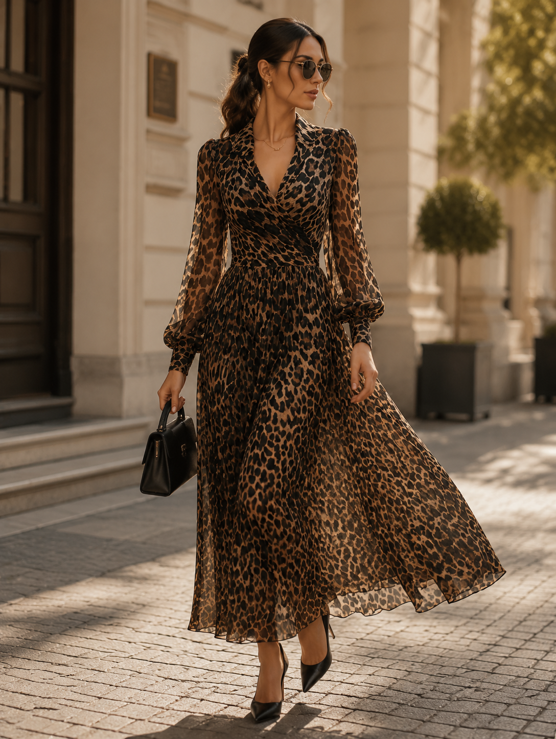 Leopar Desenli Kruvaze Midi Elbise — 4. görsel