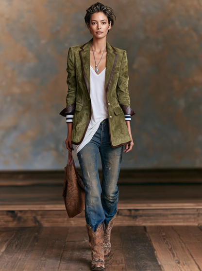 Kadın Vintage Tarzı Kırmızı Deri Detaylı Suni Süet Blazer Ceket