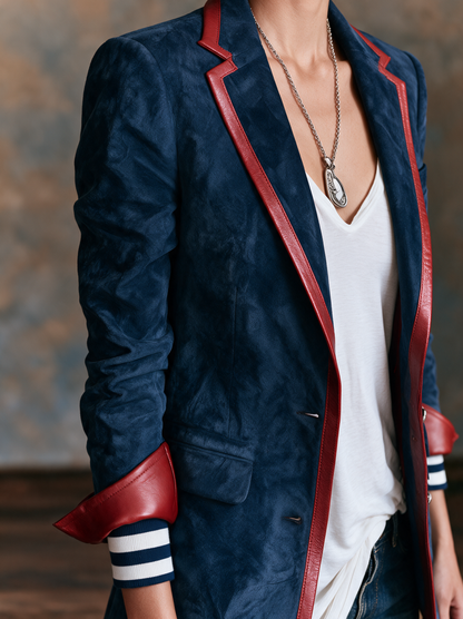 Kadın Vintage Tarzı Kırmızı Deri Detaylı Suni Süet Blazer Ceket