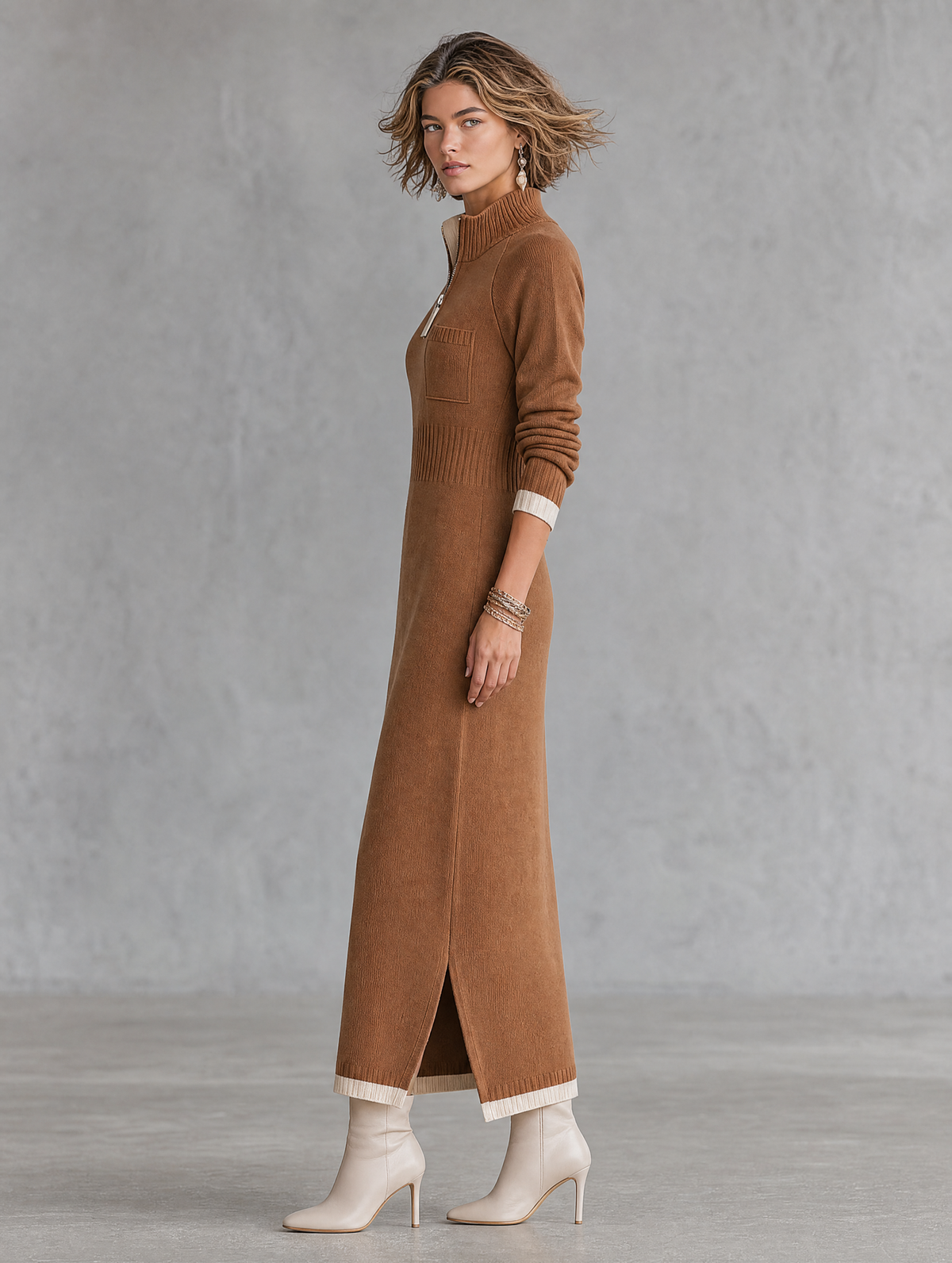 Kadın Retro Renk Bloklu Biye Detaylı Fermuarlı Dik Yaka Raglan Kollu Maxi Elbise