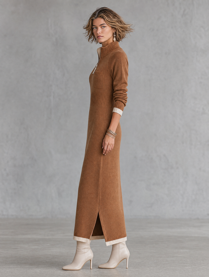 Kadın Retro Renk Bloklu Biye Detaylı Fermuarlı Dik Yaka Raglan Kollu Maxi Elbise