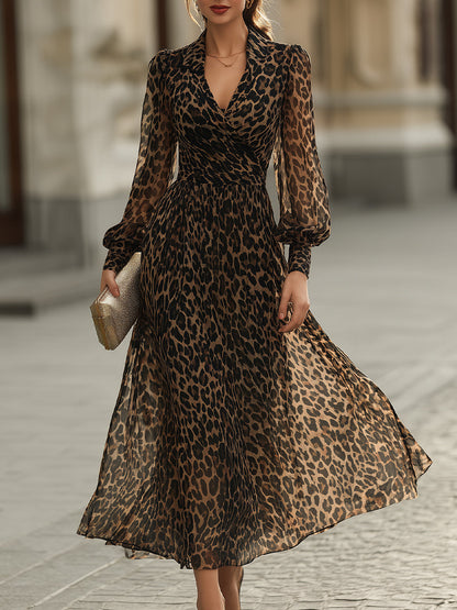 Leopar Desenli Kruvaze Midi Elbise — 1. görsel