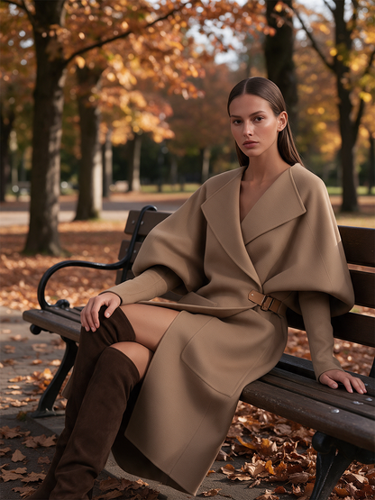 Kadın Oversize Yakalı Kemerli Uzun Yün Kaban