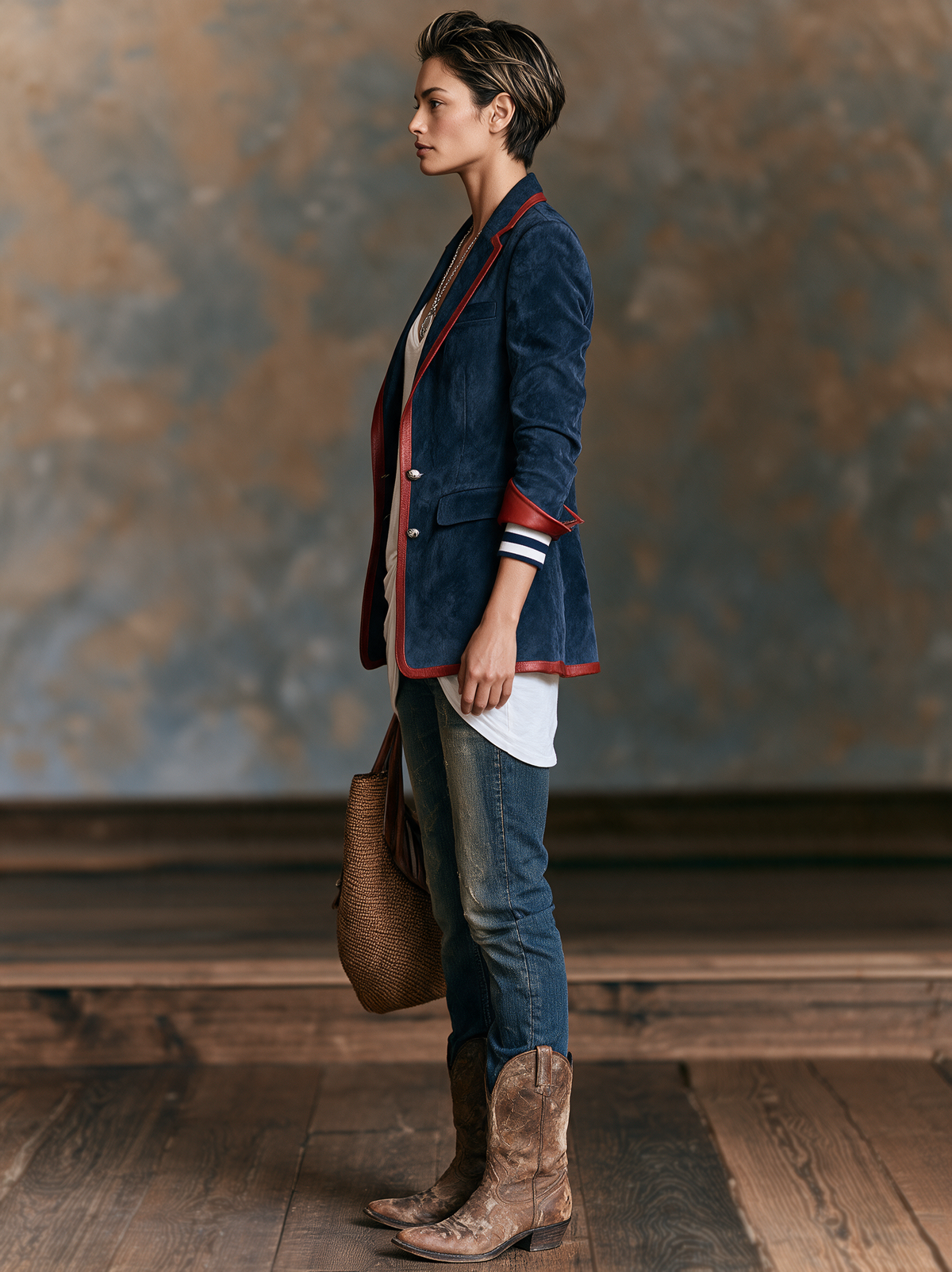 Kadın Vintage Tarzı Kırmızı Deri Detaylı Suni Süet Blazer Ceket