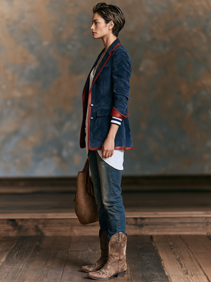 Kadın Vintage Tarzı Kırmızı Deri Detaylı Suni Süet Blazer Ceket