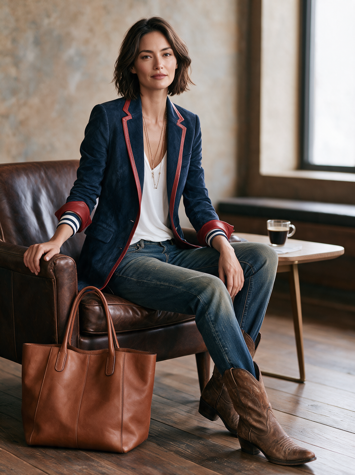 Kadın Vintage Tarzı Kırmızı Deri Detaylı Suni Süet Blazer Ceket